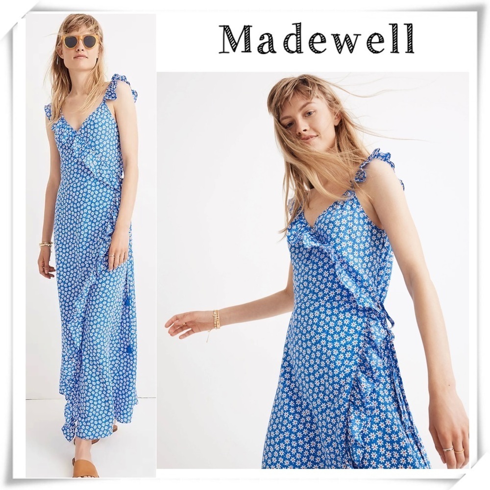 Madewell Ruffled Wrap Maxi Dress in Mini Daisy Blue Size 4 #J2689